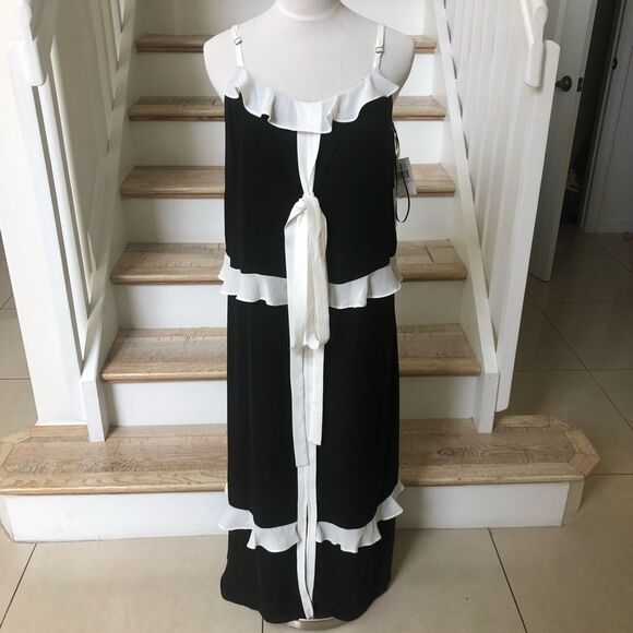 NWE CeCe black white ruffle long chiffon maxi dress size  6 - Picture 2 of 8